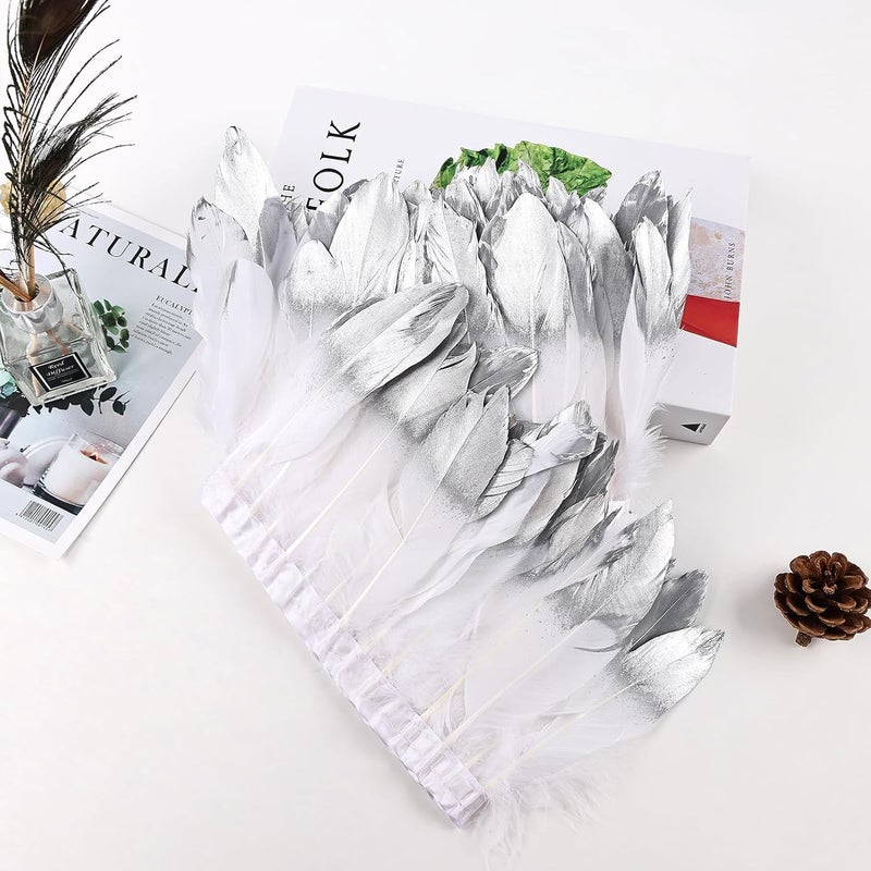 MAOFENG 2 Yards Natural Goose Feathers Trim Sewing Fringe Fashion Dress Sewing 6-8inch for DIY Handicrafts Costumes Decoration,White Silver - Image 5